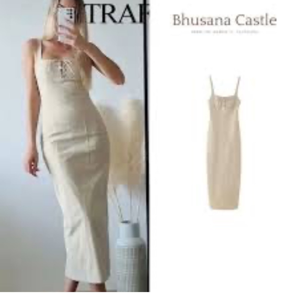 Zara Beige Midi Dress with Elegant Design